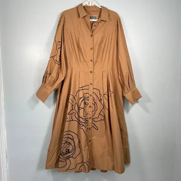 Anthropologie Printed Poplin Shirtdress 18 Tan Floral Line Art Midi Dress - Picture 3 of 9